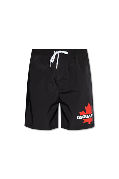 Dsquared2 Logo Printed Drawstring Swimming Shorts In Black