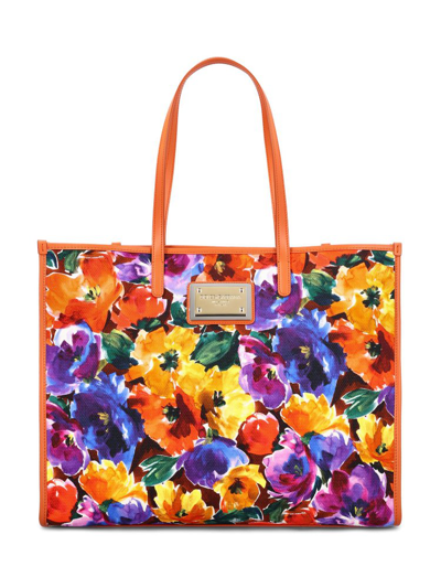 Dolce & Gabbana Floral Printed Logo Plaque Shoulder Bag In Multi