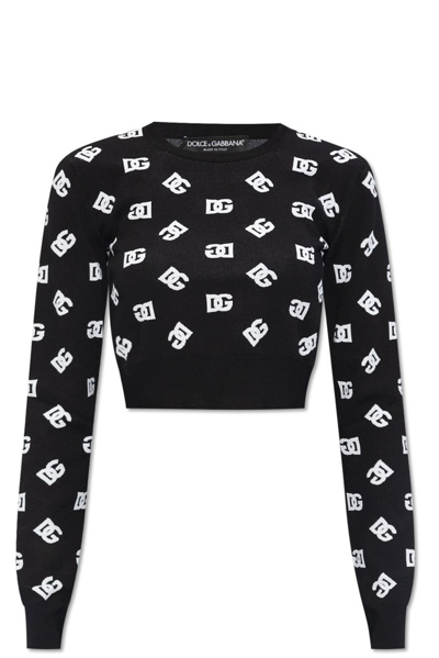 Dolce & Gabbana Dg Logo Jacquard Cropped Sweater In Black_white