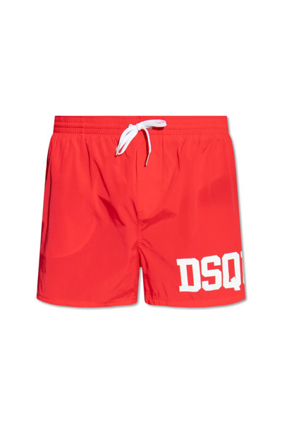Dsquared2 Logo Print Drawstring Swimming Shorts In Red