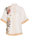 Zimmermann Lexi Tropical Floral Raffia Trim Button-up Shirt In White