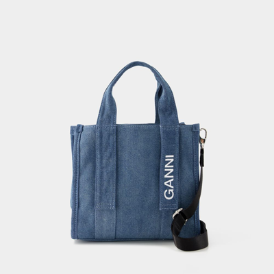 Ganni Recycled Tech Small Tote Denim In Blue