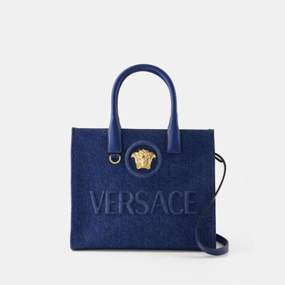 Versace La Medusa Denim Tote Bag In Blue