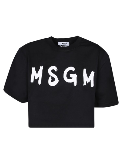 Msgm Logo-print Cropped Cotton T-shirt In Black