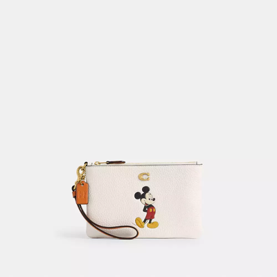 Coach Disney X  Small Wristlet In Regenerative Leather With Mickey Mouse In Brass/chalk Multi