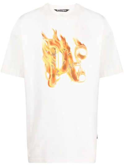 Palm Angels `burning Monogram` T-shirt In Beige