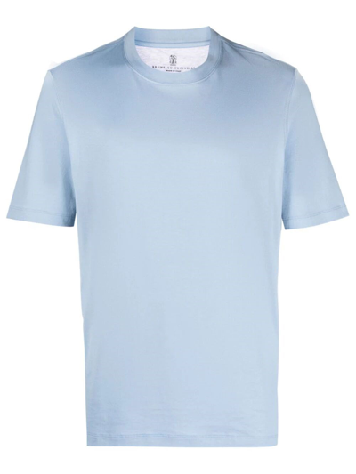 Brunello Cucinelli Crew Neck Cotton-linen/flax T-shirt In Blue