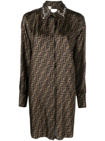 Fendi Ff Silk Shirt Dress With Crystals In Brown
