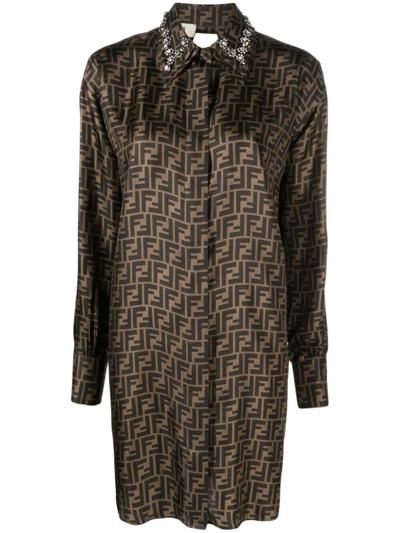 fendi jersey dress Fendi Ff Silk Shirt Dress With Crystals In Brown