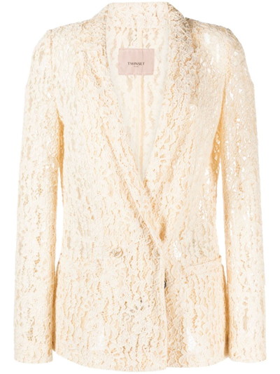 Twinset Lace Double-breasted Blazer In Ivory