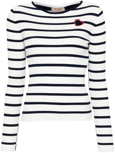Twinset Heart Embroidery Striped Boat-neck Sweater In White