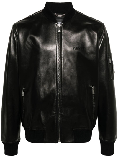 Versace Blouson Leather Solid Leather Embroidery In Black