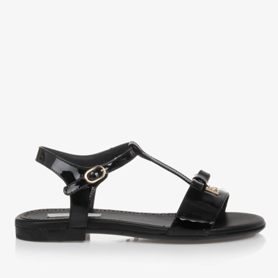 Dolce & Gabbana Kids' Patent Leather Sandals With Metal Dg Logo In Black