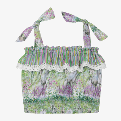 Olga Valentine Kids' Girls Green Horse Print Cotton Blouse