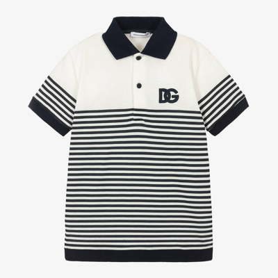 DOLCE & GABBANA BOYS NAVY BLUE STRIPED COTTON POLO SHIRT