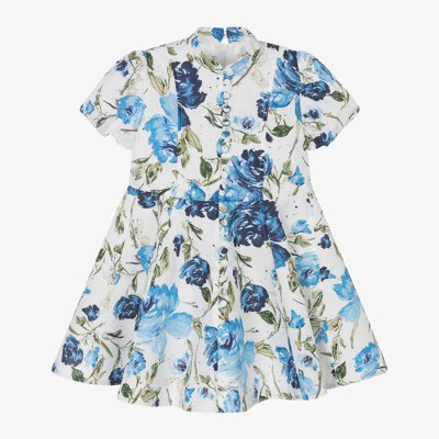 Marchesa Couture Kids' Girls White & Blue Floral Cotton Dress