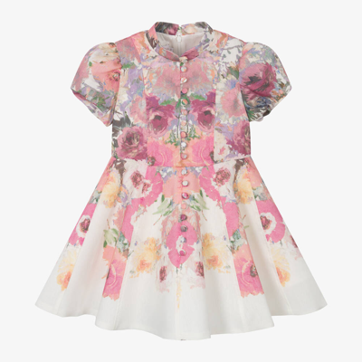 Marchesa Couture Kids' Girls Pink & Ivory Floral Cotton Dress