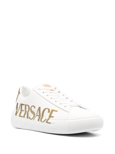 Versace Logo Leather Low-top Sneakers In White,gold