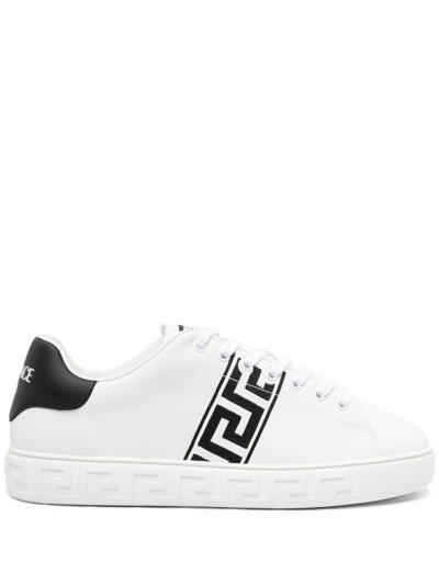 VERSACE WHITE GRECA EMBROIDERED LEATHER SNEAKERS