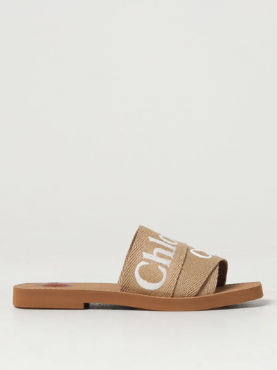 Chloé Woody Slides In Canvas With Embroidered Logo In Sand