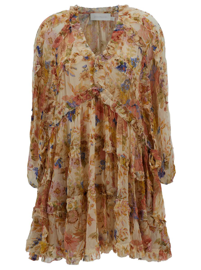 ZIMMERMANN 'AUGUST' MINI MULTICOLOR FRILL DRESS WITH FLOREAL PRINT IN VISCOSE WOMAN