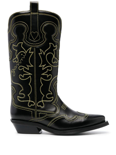 GANNI BLACK 'COWBOY' BOOTS WITH CONTRASTING EMBROIDERED STITCHING IN LEATHER WOMAN