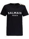 BALMAIN BLACK CREWNECK T-SHIRT WITH LOGO PRINT AND GOLDEN BUTTONS IN JERSEY WOMAN