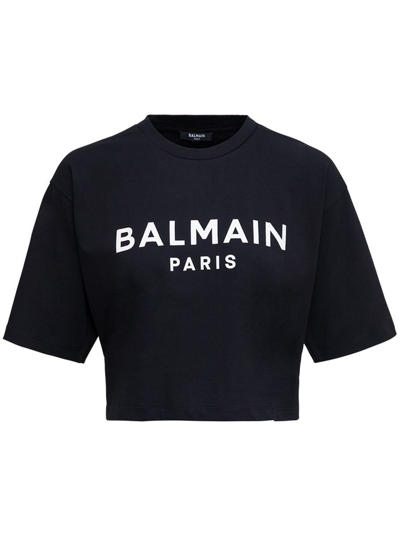 BALMAIN BLACK CROPPED T-SHIRT WITH CONTRASTING LOGO PRINT IN COTTON WOMAN