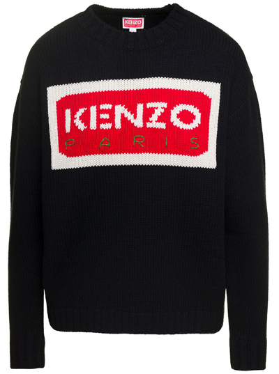 KENZO BLACK LONG-SLEEVED SWEATER WITH CONTRASTING MAXI LOGO IN WOOL WOMAN