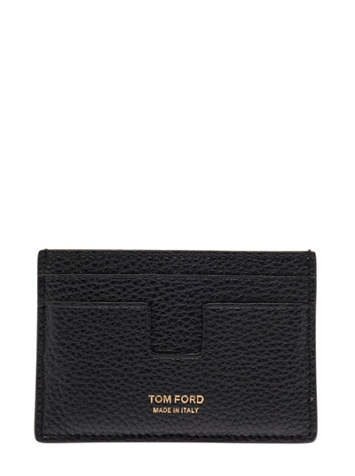 Tom Ford Black T Line Card-holder With Gold-colored Embossed Logo In Grainy Leather Man