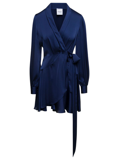 Plain Mini Satin Blue Wrap Dress With Long Sleeves Woman