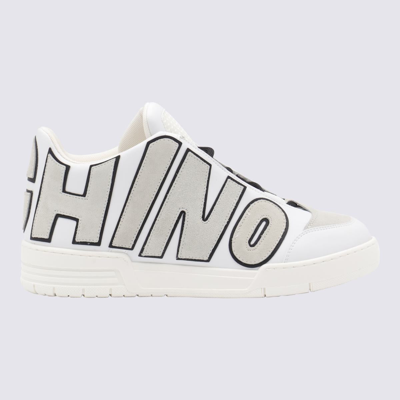 Moschino Logo Leather Mid Top Trainers In White,beige