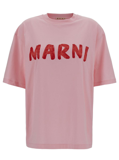 MARNI PINK CREWNECK T-SHIRT WITH LOGO PRINT IN COTTON WOMAN