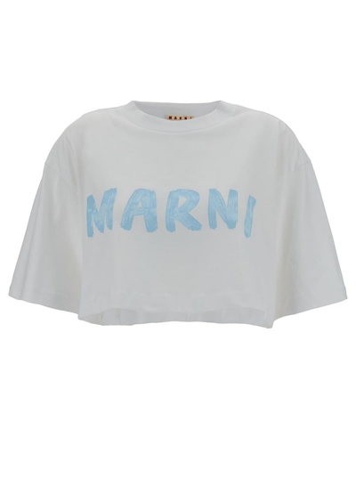MARNI WHITE CROPPED T-SHIRT WITH LOGO PRINT IN COTTON WOMAN