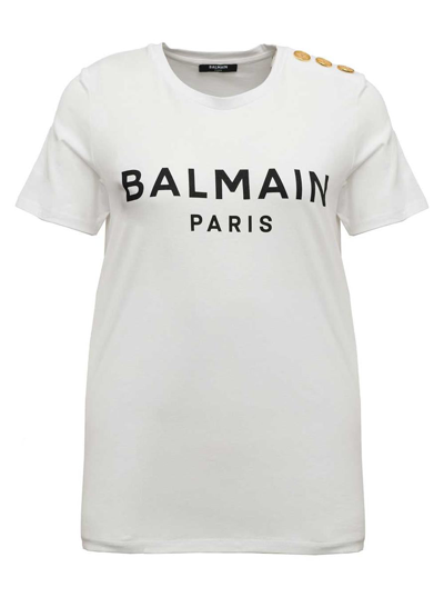 Balmain White Organic Cotton T-shirt With Logo  Woman In White/black