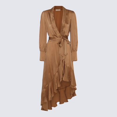 Zimmermann Silk Wrap Midi Dress In Camel