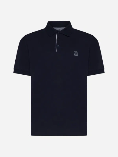 Brunello Cucinelli Embroidered Cotton Polo Shirt In Cobalt Blue,grey