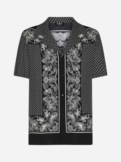 Balmain Mini Monogram Viscose Pajama Shirt In Black