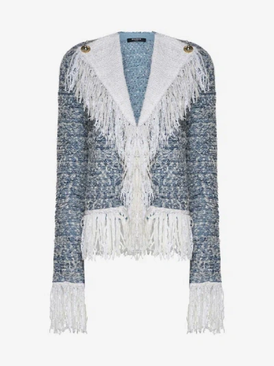 Balmain Fringed Denim Tweed Jacket In Blue,white