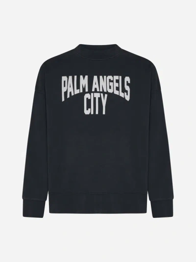 Palm Angels Pa City Washed Cotton Sweatshirt In Dark Grey,white