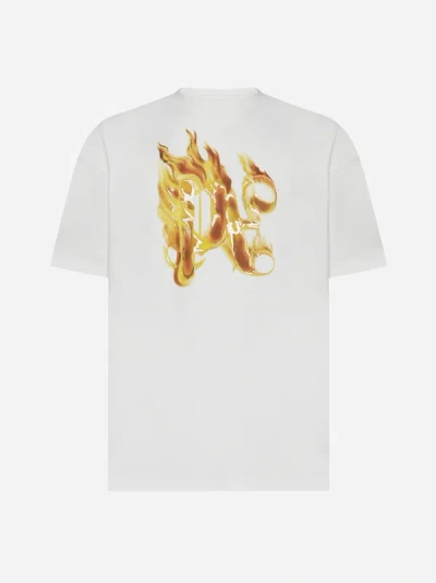 Palm Angels Burning Monogram Cotton T-shirt In Off,white,gold