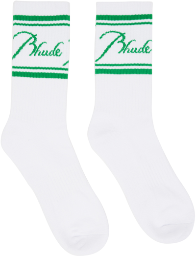 Rhude White & Green Script Socks In White/green