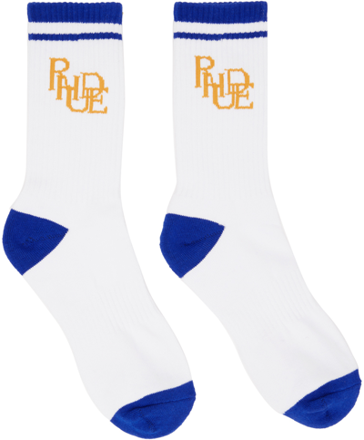 Rhude White & Blue Scribble Socks In White/blue/yellow