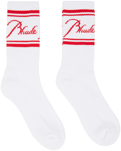 Rhude White & Red Script Socks In White/red