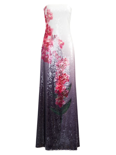 Halston Spencer Strapless Floral-print Sequin Gown In Grayscale Floral