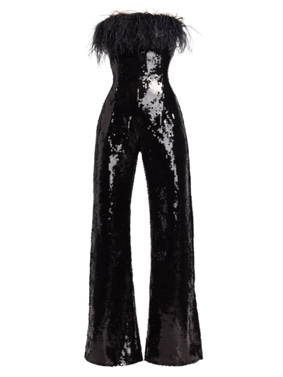 16arlington Women's Taree Sequined Feather-trim Jumpsuit In Black