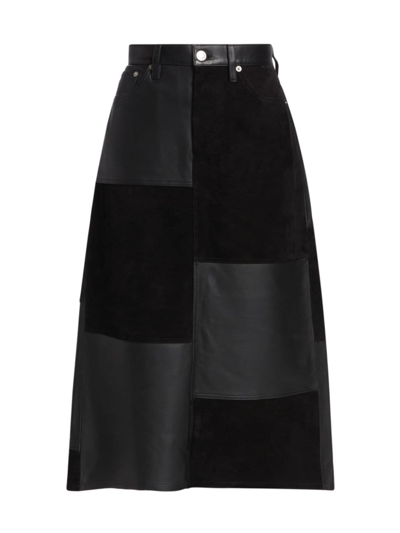 Re/done Mid Rise Leather Patchwork Skirt In Black Suede And Leather