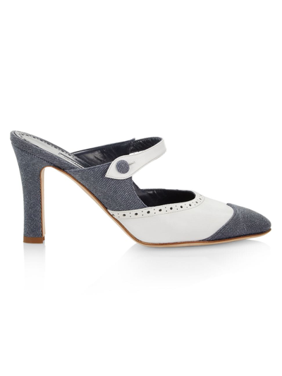 Manolo Blahnik Agathanu Denim Perforated Leather Mule Pumps In Greywhite