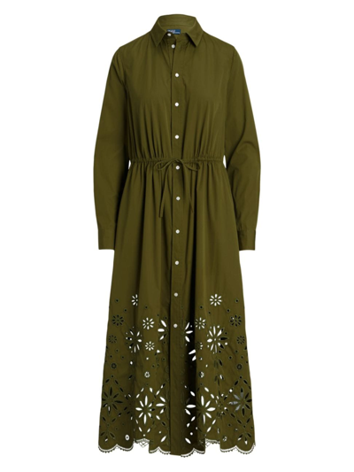 Polo Ralph Lauren Eyelet-embroidered Cotton Shirtdress In New Olive