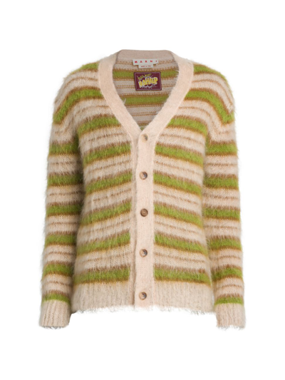 Marni Brushed Cardigan In Striped Mohair In Multicolor